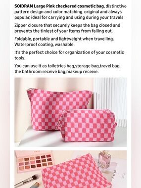 Pink Checkered Cosmetic Bag - Travel Makeup Organizer